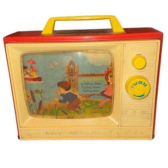 Antique Fisher Price Red Yellow Vintage 1966 Scrolling Picture TV Music Box 10"x - Picture 5 of 10